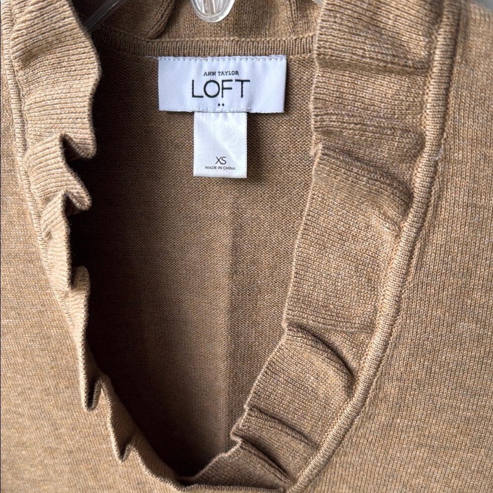 Loft Tan Ruffle V-Neck Sweater - Picture 2 of 2